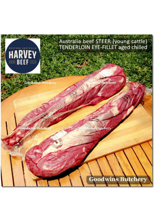 Beef Tenderloin Australia STEER young-cattle HARVEY aged by Goodwins whole cut +/-2.3kg price/kg CHILLED PREORDER (eye fillet mignon daging sapi has dalam)